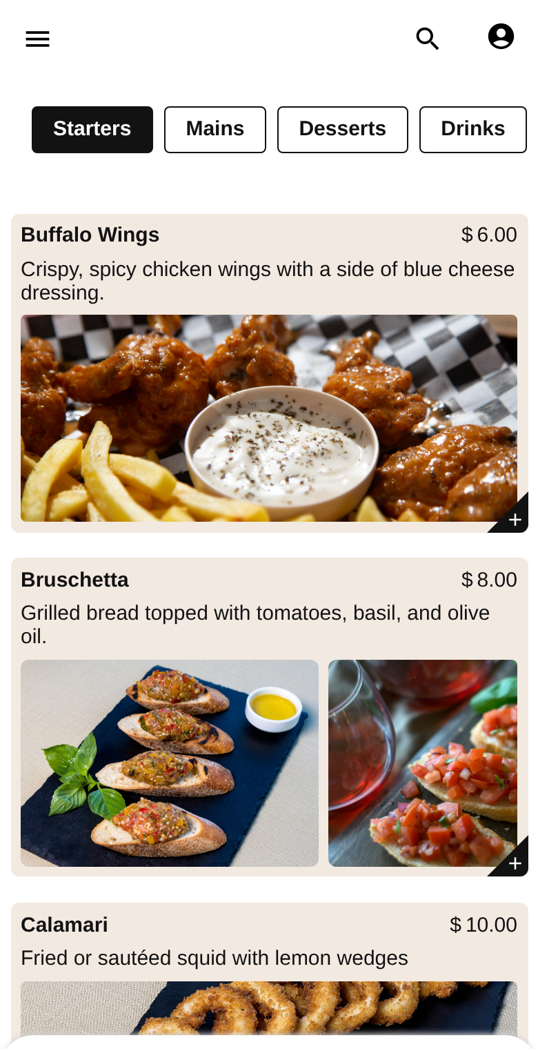 Digital menu created with Take a Seat, as guests see it on their phone