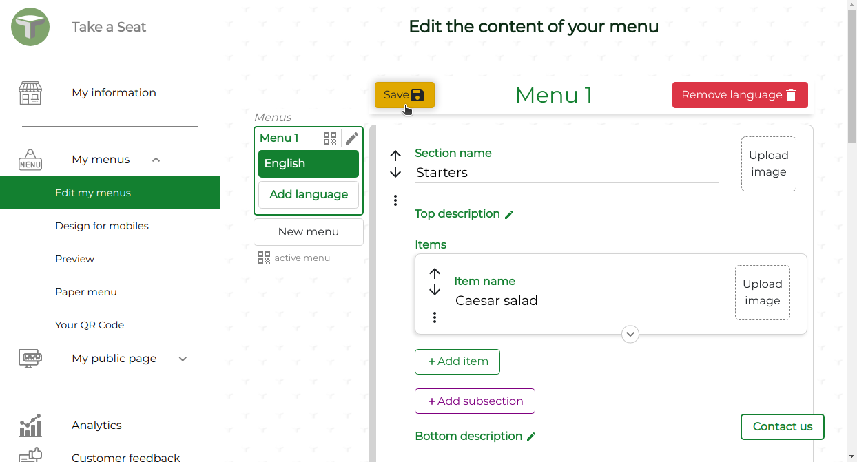 Screenshot of demo menu on admin interface