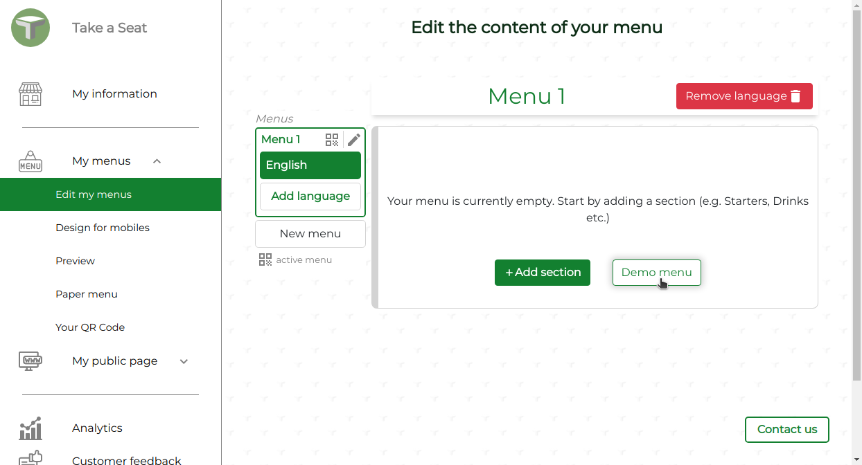 Demo menu button on the admin interface